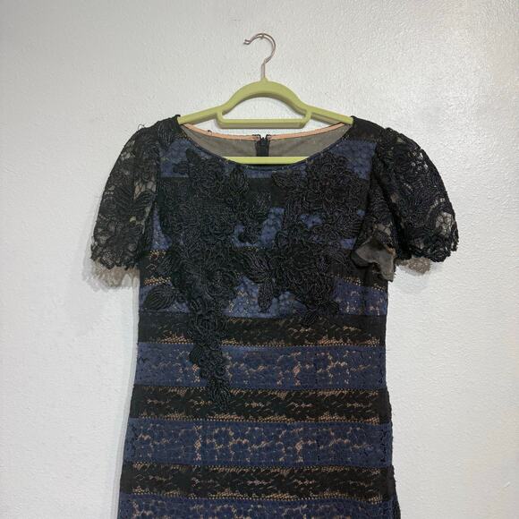 Jovani Blue Striped Lace Mini Sheath Dress Sz 12 - Picture 3 of 14